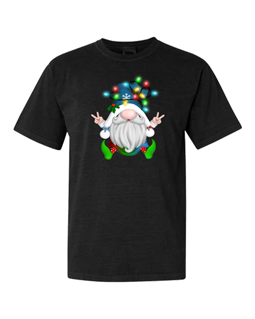 Gnome Lights Black Pic-a-Tee Christmas Tee with Peace Gnome in Christmas Lights Print