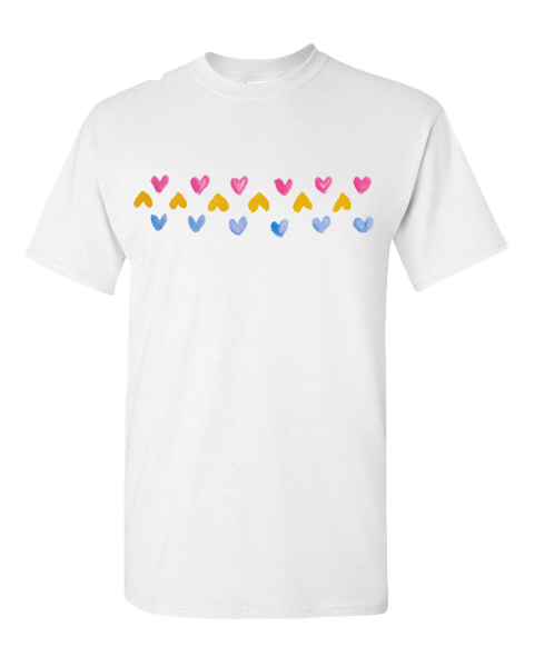 Colour Hearts White White t-shirt with colourful heart band